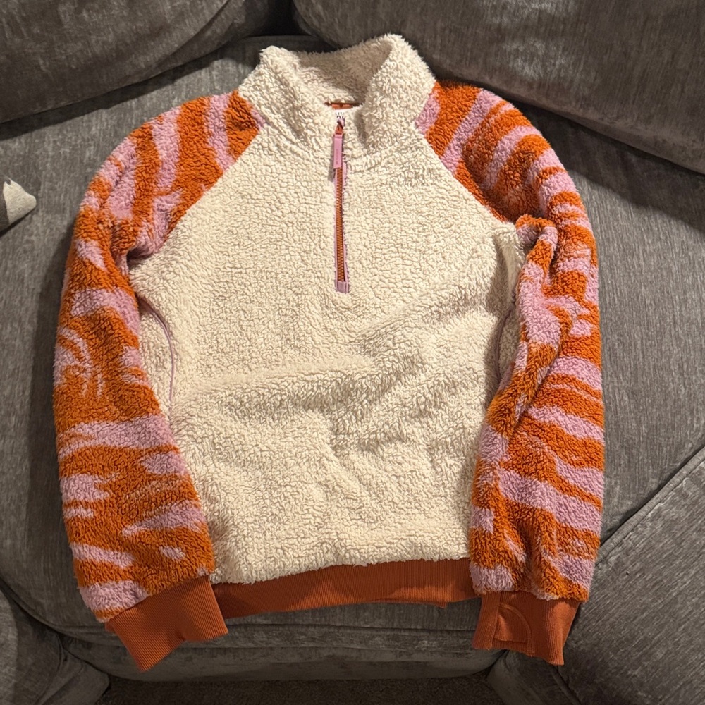 Athleta Cream Sherpa Pullover with Pink and Orange Zebra Sleeves